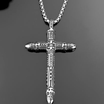 Vintage Stainless Steel Gothic Punk Engraved Pattern Cross Pendant Necklace for Men