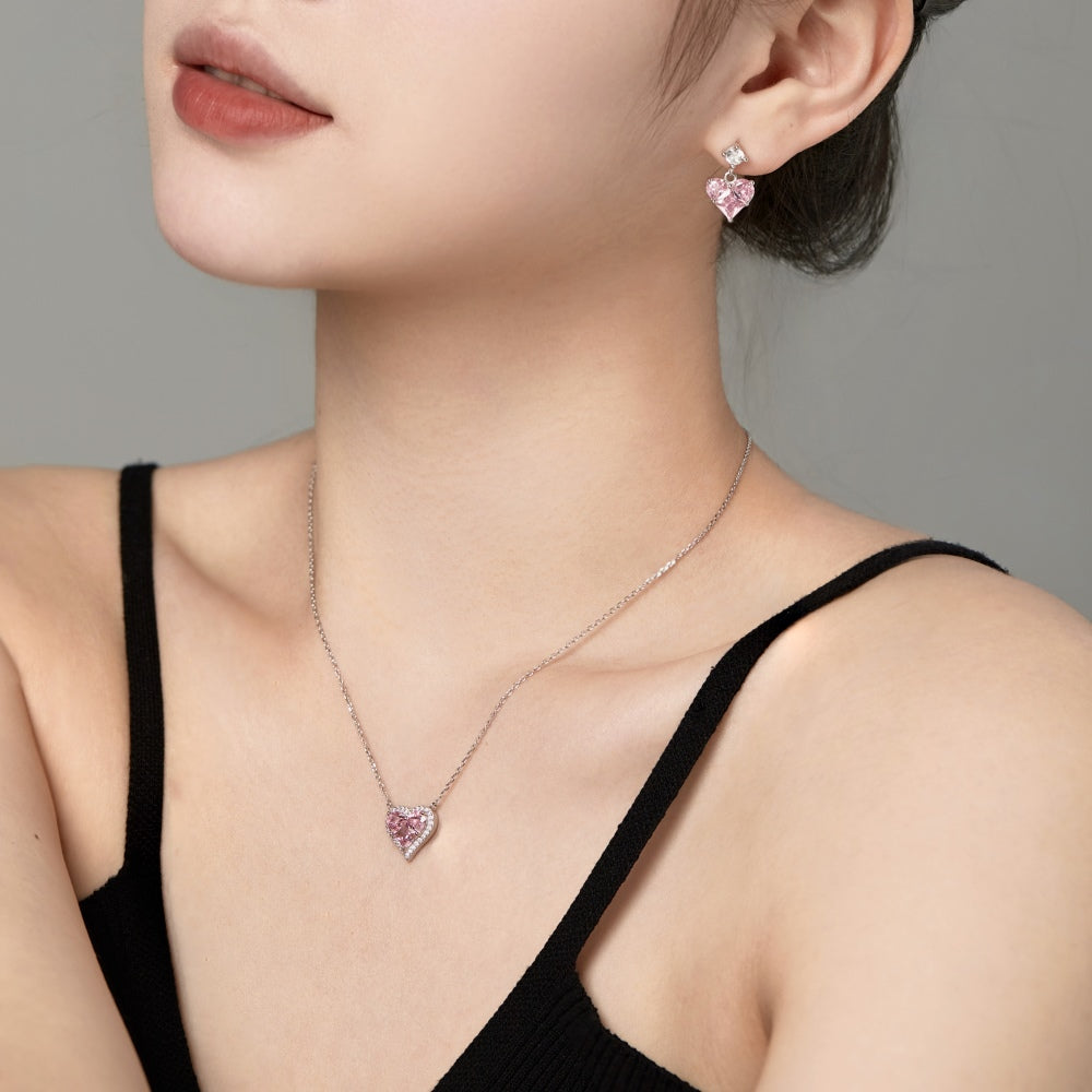 Women's Dangle Earrings, Pink Heart‑Shape Zirconia with Round Zirconia Accent, S925 with White Gold Plating