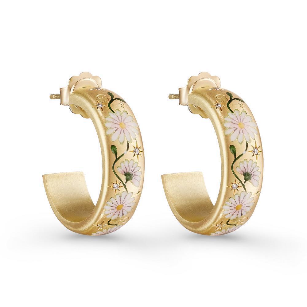 Women's Retro Palace‑Style Chinese Painted Flower Earrings, Steel with Gold Plating