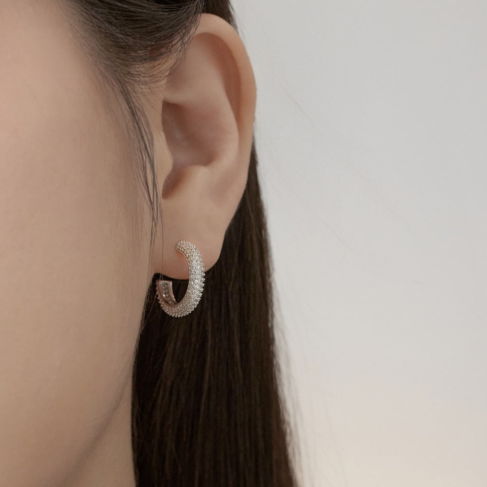 Women's Delicate11mm Round Huggie Earrings, Full Paved Round Zirconia, S925 with White Gold Plating