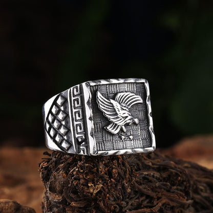 Vintage Solid Stainless Steel Eagle Embossed Square Signet Ring for Men
