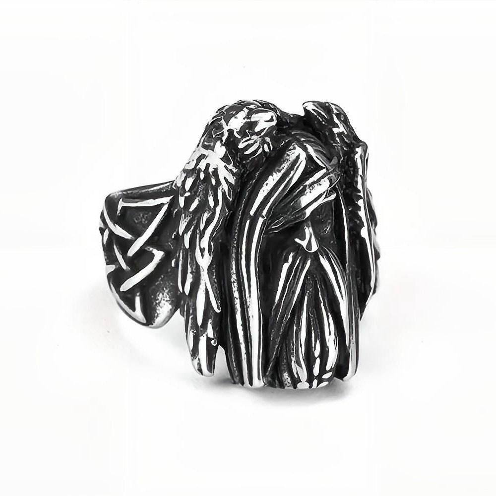 Vintage Antique Finish Stainless Steel Punk Viking Raven Head Ring for Men
