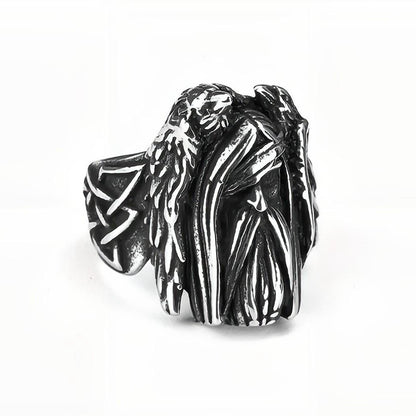 Vintage Antique Finish Stainless Steel Punk Viking Raven Head Ring for Men