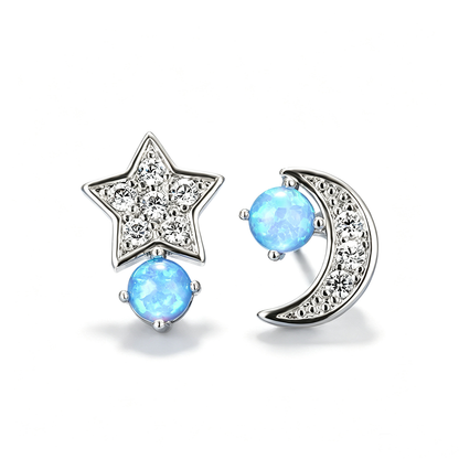 Women's Asymmetric Star Moon Zirconia Blue & White Opal Stud Earrings, White Gold / Rose Gold Plating