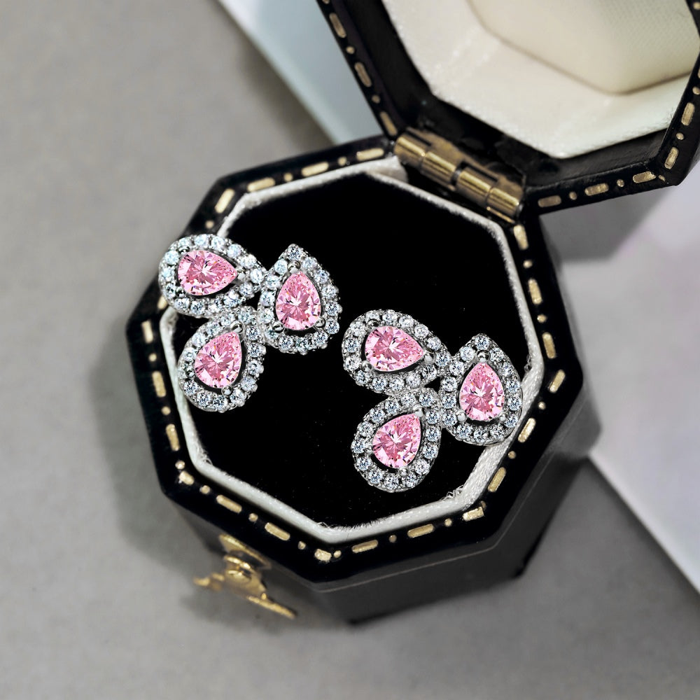 Women's Three‑Petal Flower Stud Earrings, Pear‑Shape Pink Sapphire with Zirconia Halo, S925 with White Gold Plating
