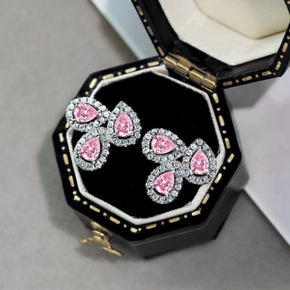 Women's Three‑Petal Flower Stud Earrings, Pear‑Shape Pink Sapphire with Zirconia Halo, S925 with White Gold Plating
