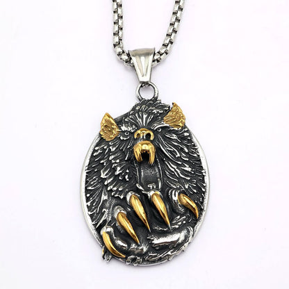 Men's Steel Bear Head & Claw Round Pendant Necklace