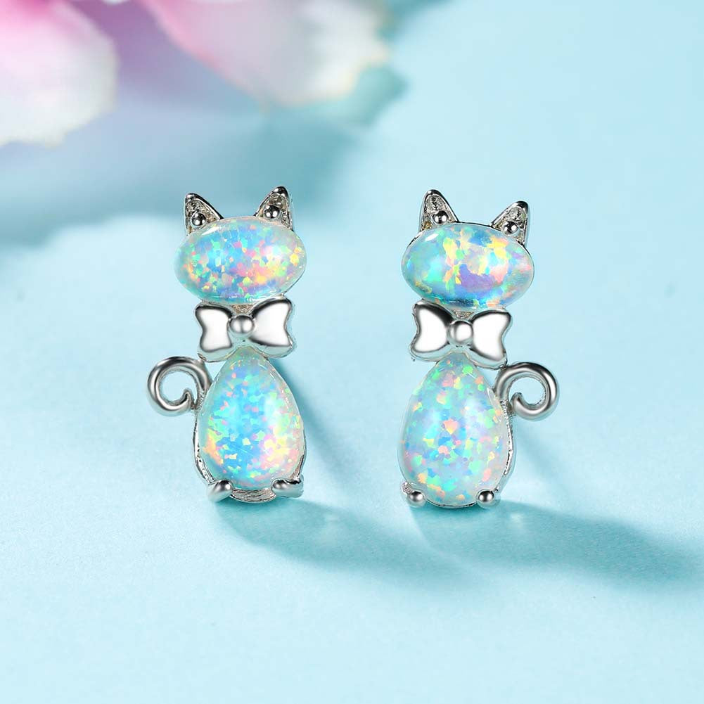 Women's Bow‑Knot Cat Opal Stud Earrings