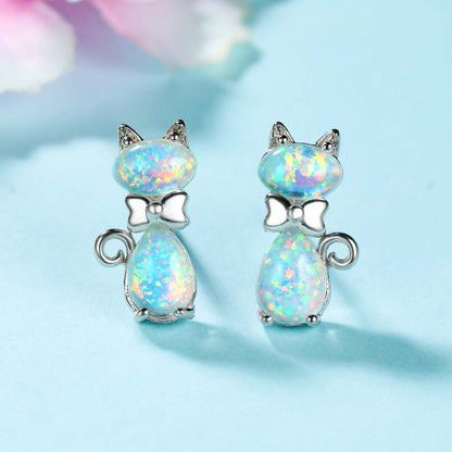Women's Bow‑Knot Cat Opal Stud Earrings