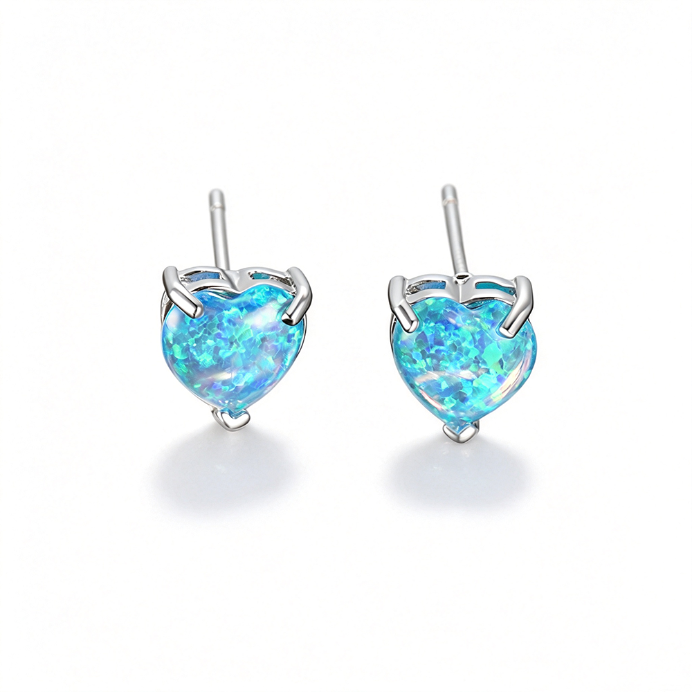 Women's Minimalist Elegant Prong‑Set Heart‑Shape Blue / White Opal Stud Earrings, with White Gold Plating