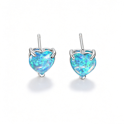 Women's Minimalist Elegant Prong‑Set Heart‑Shape Blue / White Opal Stud Earrings, with White Gold Plating