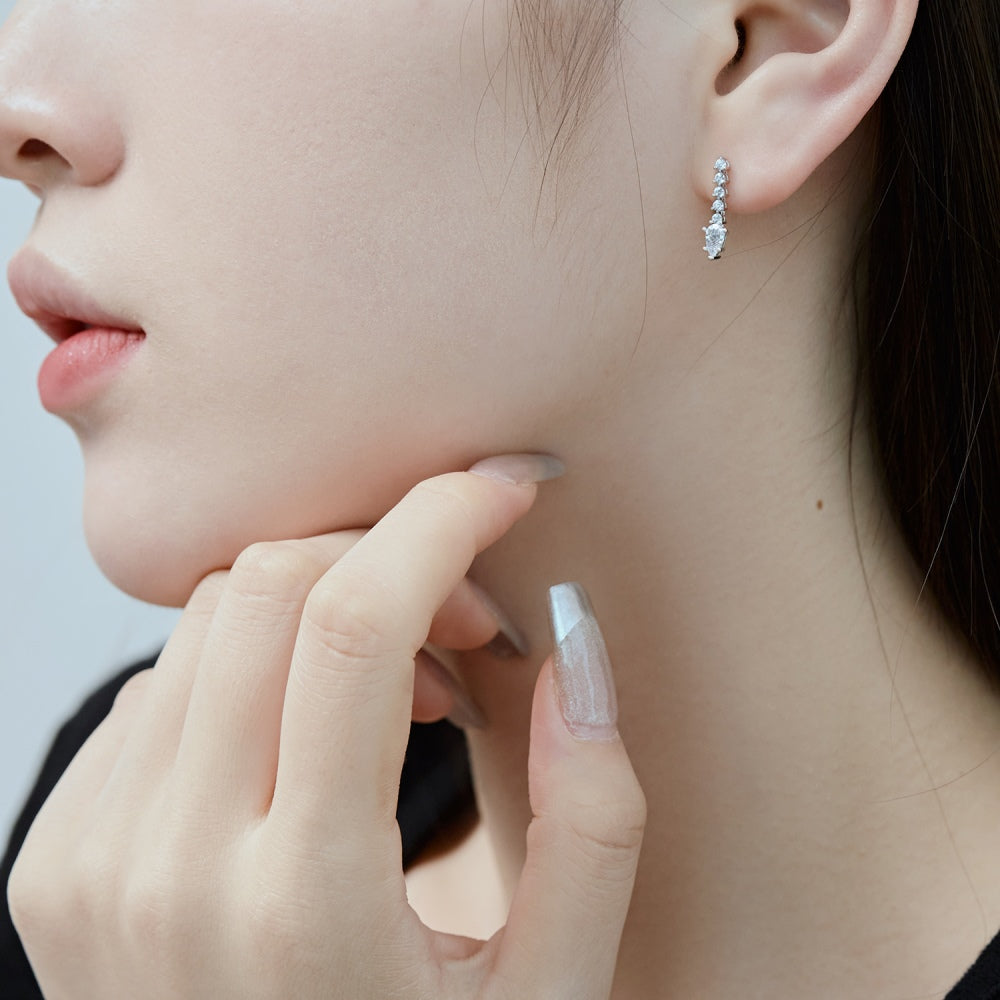 Women's Linear Drop Earrings, Pear‑Shape Center Stone Accompanied by Paved Round Zirconia, S925 with White Gold Plating