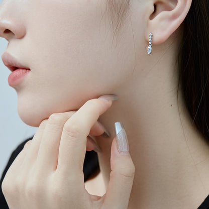Women's Linear Drop Earrings, Pear‑Shape Center Stone Accompanied by Paved Round Zirconia, S925 with White Gold Plating