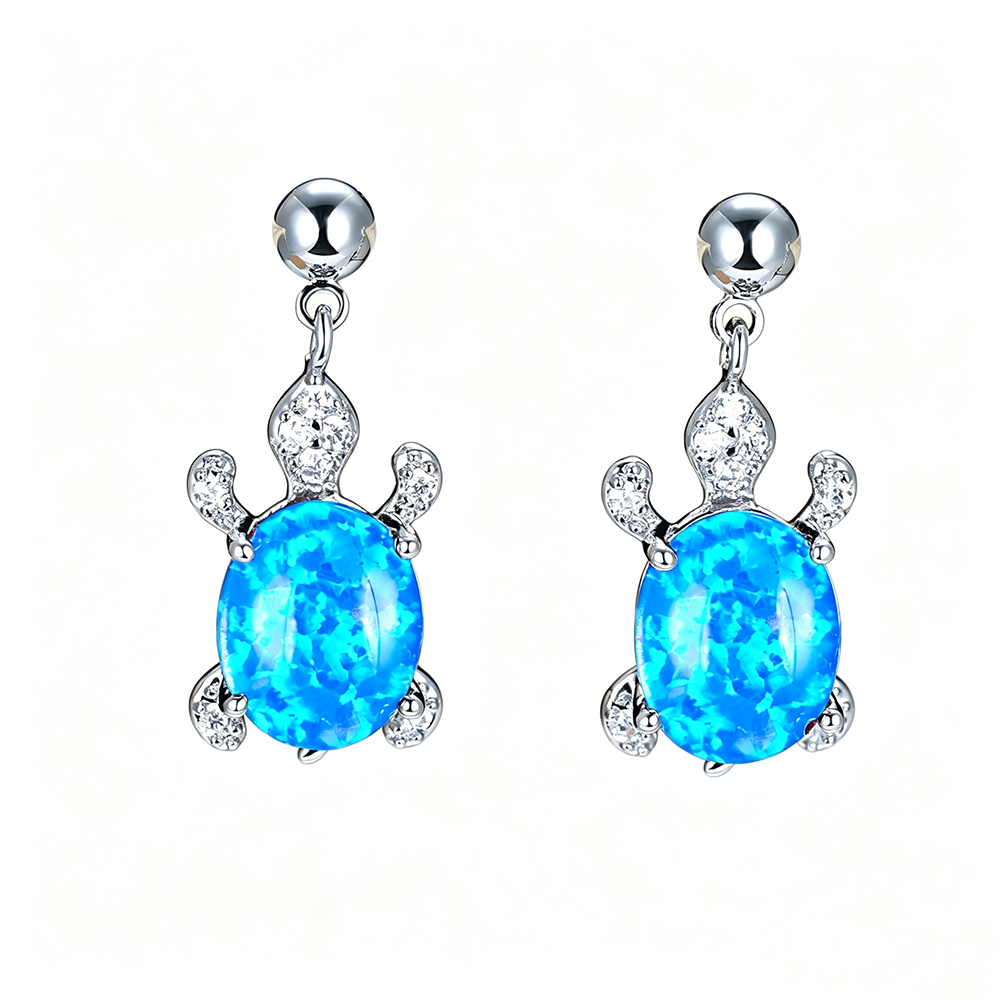 Women's Turtle Design Dangle Earrings Inlaid with Blue Opal, White Opal, Green Opal and Round Zirconia
