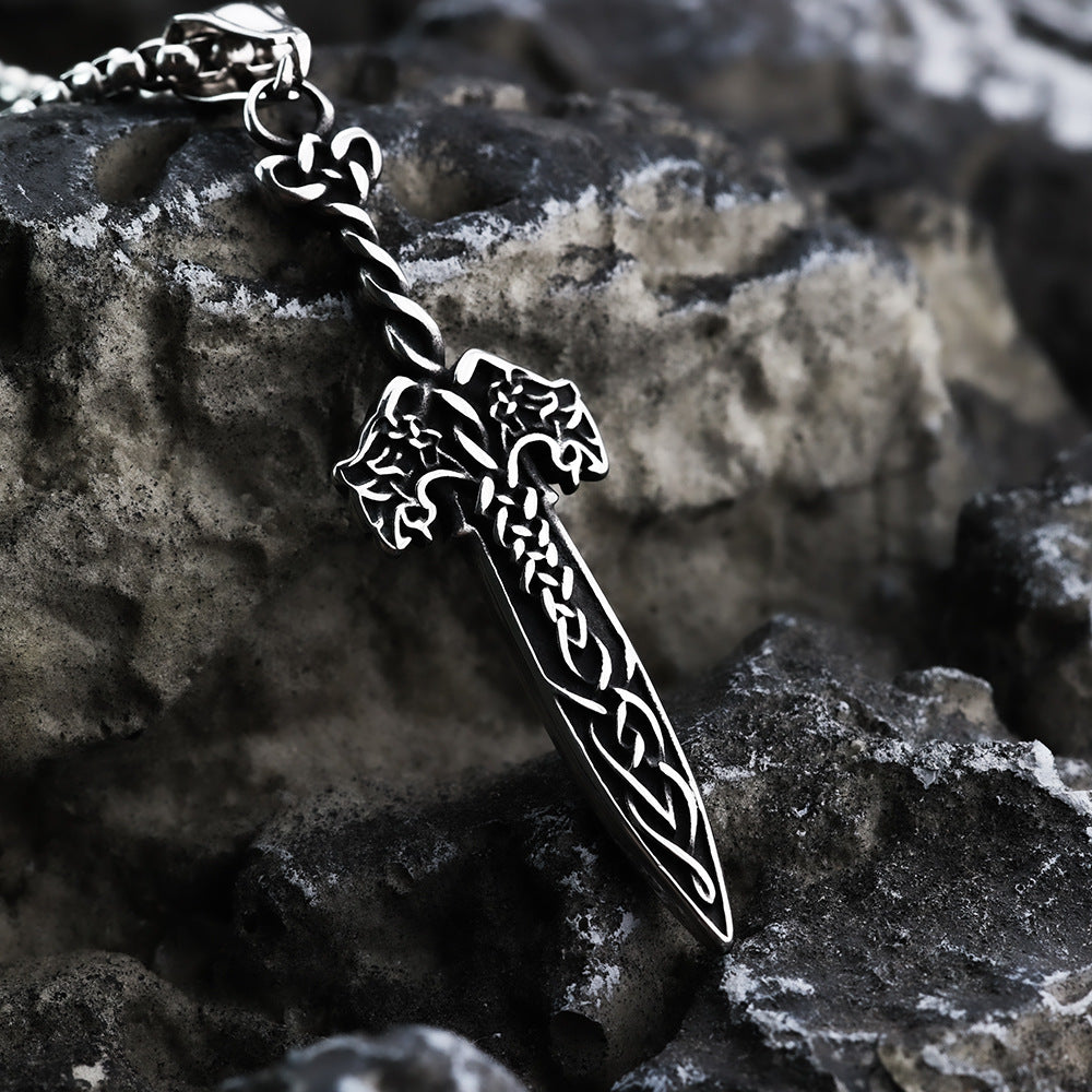 Vintage Antique Oxidized Stainless Steel Men's Viking Celtic Knot Sword Hollow Pendant Necklace