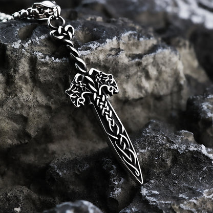 Vintage Antique Oxidized Stainless Steel Men's Viking Celtic Knot Sword Hollow Pendant Necklace