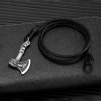 Nordic Viking Warrior Axe Stainless Steel Bracelet for Men, Handmade Double Strand Braided Leather Retro Wrist Accessory