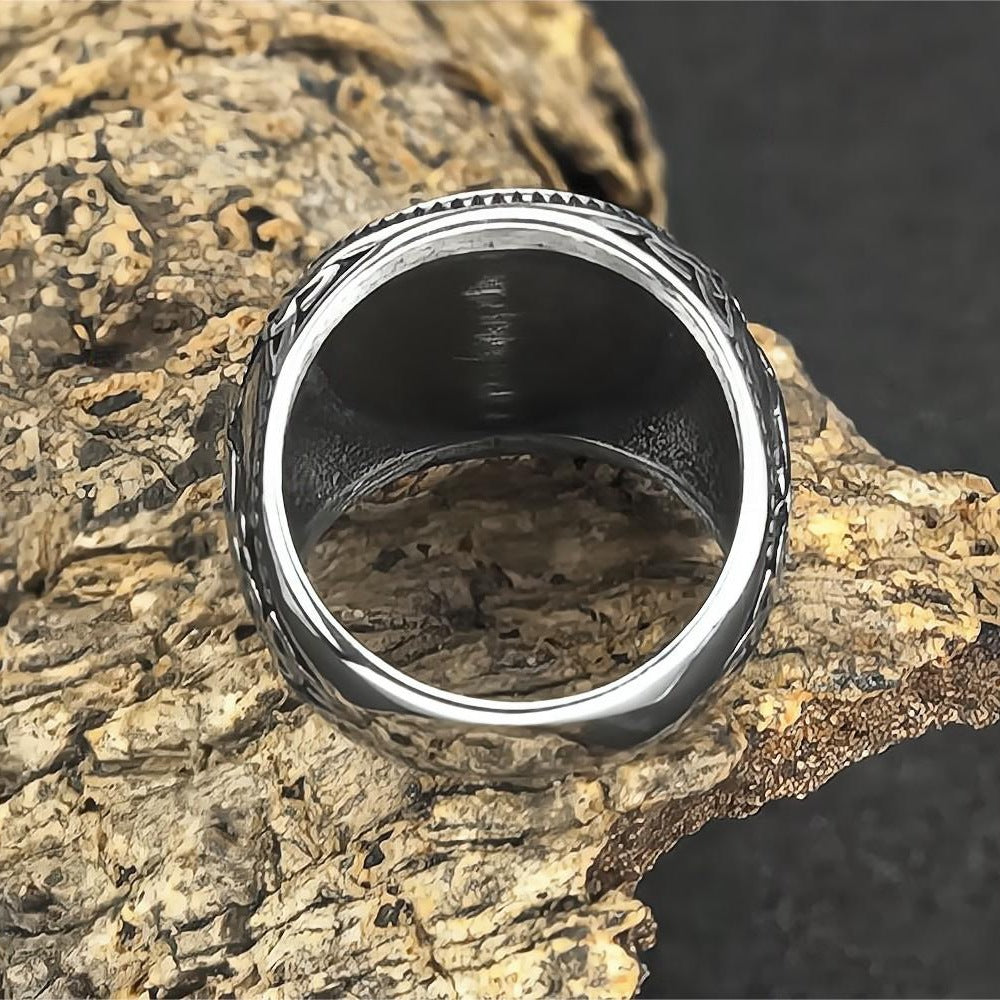 Vintage Solid Stainless Steel Round Signet Viking Wolf Head Rune Hip Hop Ring for Men