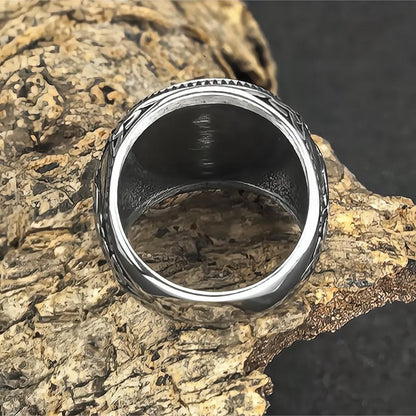 Vintage Solid Stainless Steel Round Signet Viking Wolf Head Rune Hip Hop Ring for Men