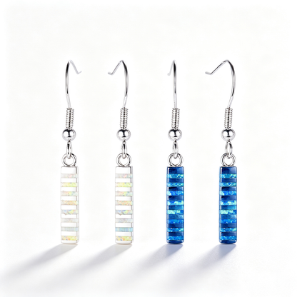 Women's Vertical Bar Inlaid Opal Dangle Hook Earrings, with White Gold Plating