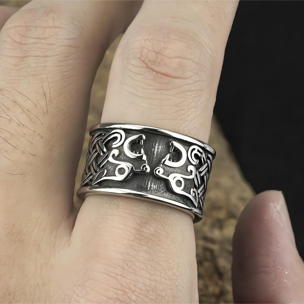 Vintage Nordic Stainless Steel Wide Band Viking Fenrir Wolf Head Ring for Men