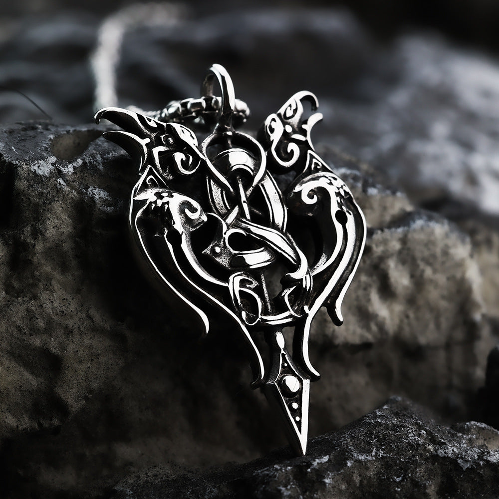Vintage Antique Oxidized Stainless Steel Men's Norse Viking Twin Raven Celtic Knot Hollow Pendant Necklace