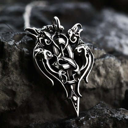 Vintage Antique Oxidized Stainless Steel Men's Norse Viking Twin Raven Celtic Knot Hollow Pendant Necklace