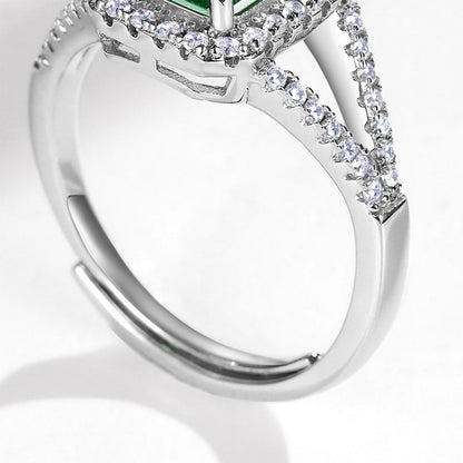 Women's White Gold Halo Emerald Hollow Adjustable Ring