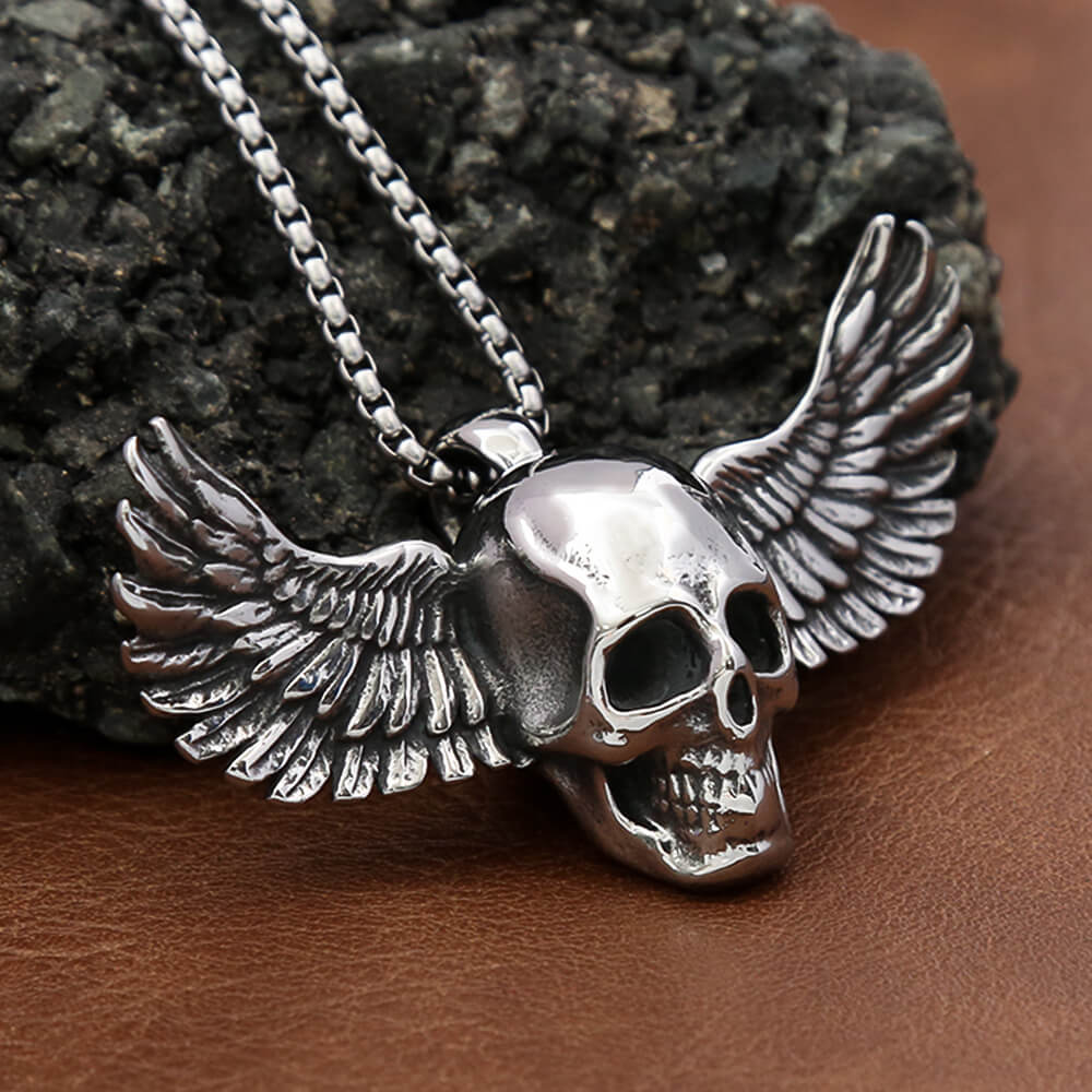 Men's Steel 3D Relief Winged Skull Pendant Necklace