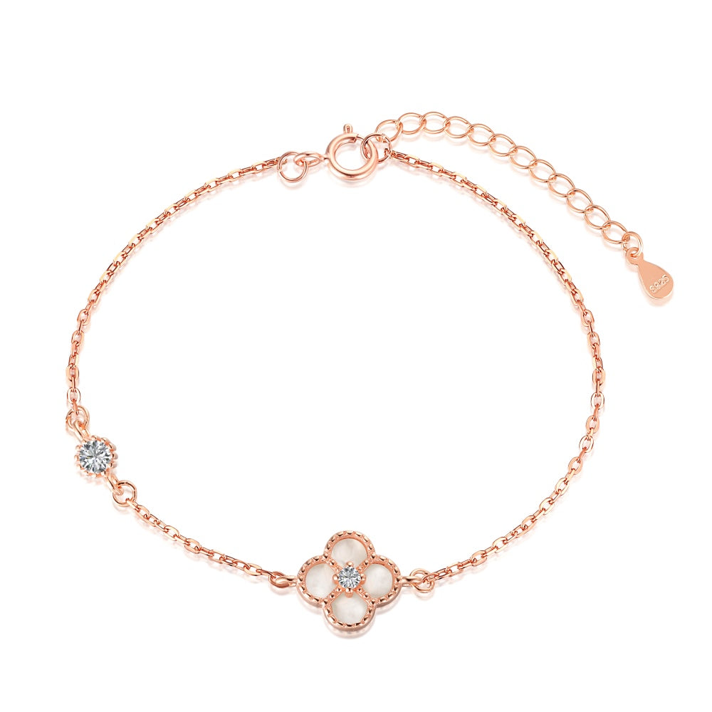 Women's Bracelet, White Shell Inlaid Clover With White Agate & Zirconia, S925 with Gold Plating