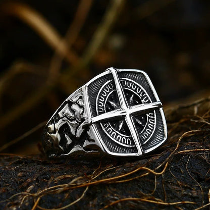 Vintage Stainless Steel Hip Hop Compass Square Signet Ring for Men