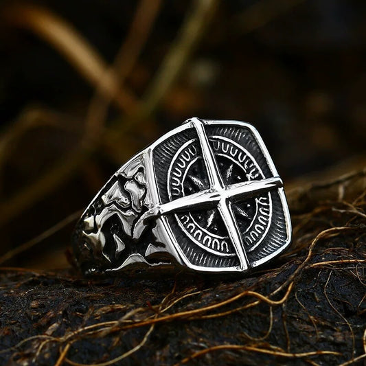 Vintage Stainless Steel Hip Hop Compass Square Signet Ring for Men