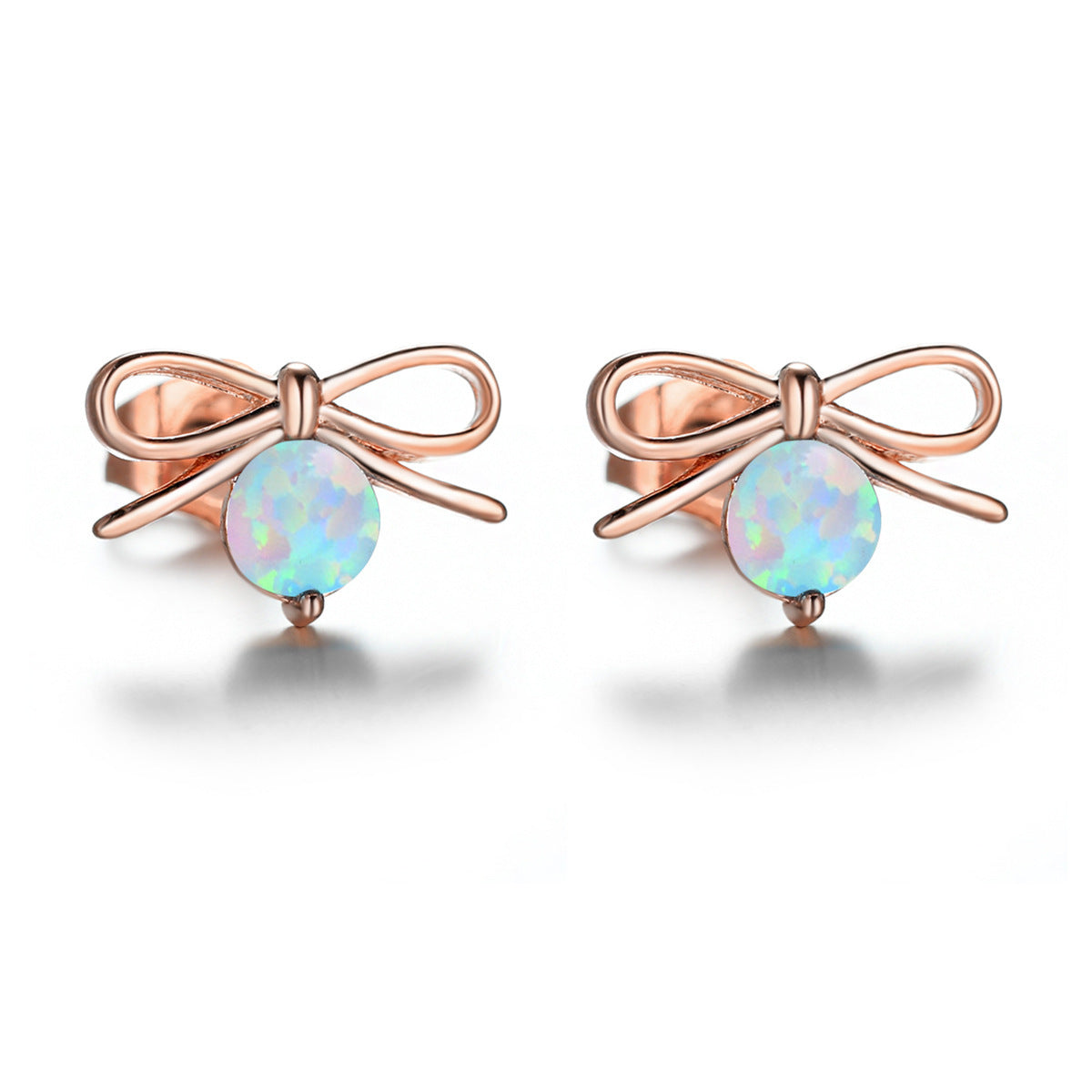 Women's Bow‑Shape Round Opal Stud Earrings, with Rose Gold Plating / White Gold Plating