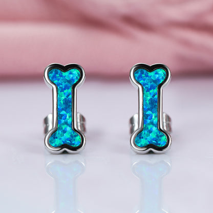 Women's Bone‑Shape Stud Earrings, Blue Opal / White Opal Inlay, Rose Gold Plating / White Gold Plating