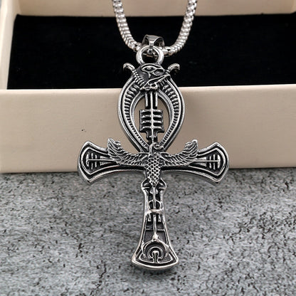 Vintage Stainless Steel Double-sided Egyptian Ankh Cross Pendant Necklace for Men