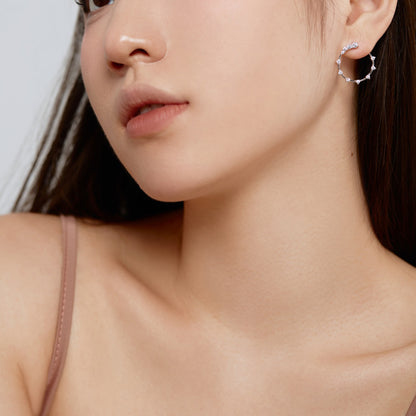 Women's C‑Shape Hoop Earrings, Starry Round Zirconia Paved, S925 with White Gold Plating