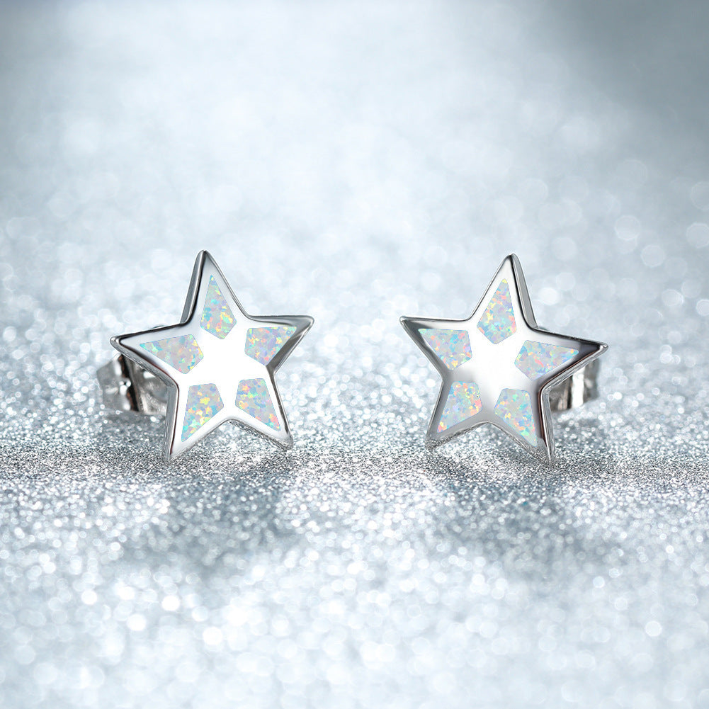 Women's Star‑Shape Hollow Blue / White Opal Stud Earrings, with White Gold Plating / Rose Gold Plating