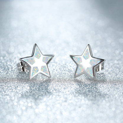 Women's Star‑Shape Hollow Blue / White Opal Stud Earrings, with White Gold Plating / Rose Gold Plating