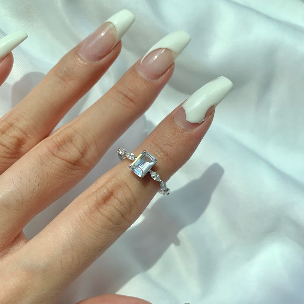 Women's Square Zirconia Narrow Band Wedding Ring, S925 with White Gold Plating