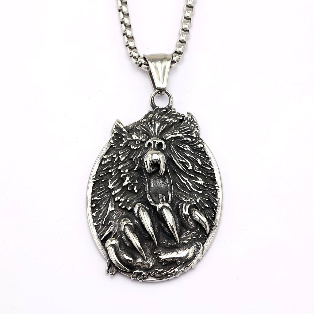 Men's Steel Bear Head & Claw Round Pendant Necklace