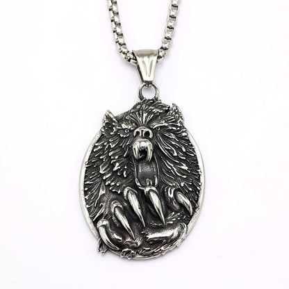 Men's Steel Bear Head & Claw Round Pendant Necklace