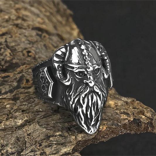 Vintage Antique Finish Stainless Steel Engraved Thor's Hammer Viking Horned Helmet Warrior Ring for Men