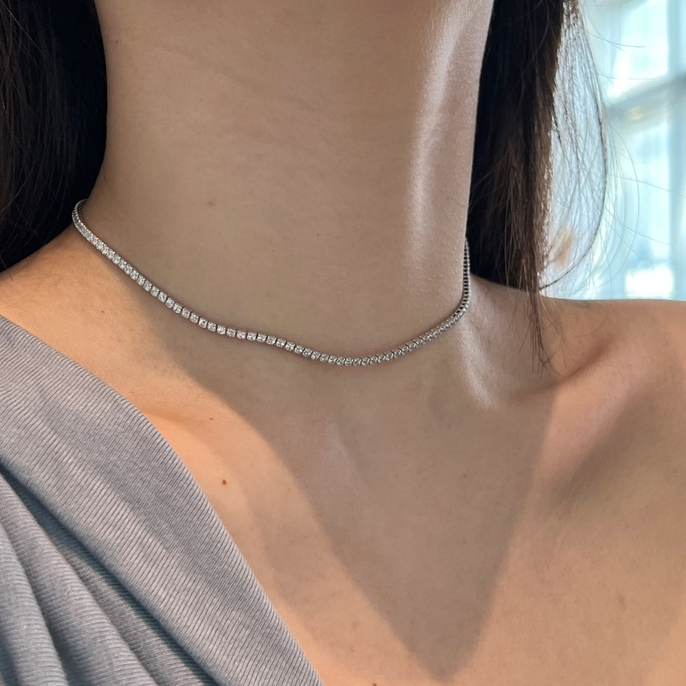 Women's Single Row Tennis Necklace, Prong‑Set Square Zirconia Inlay, S925 with White Gold Plating