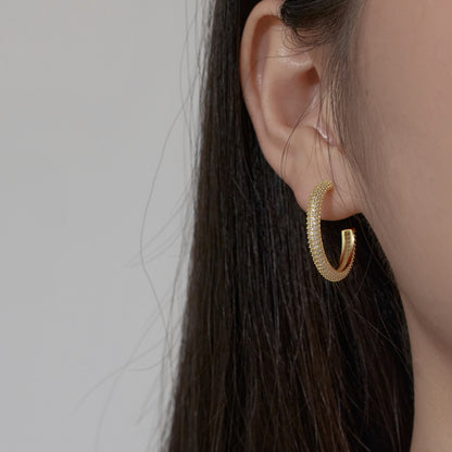 Women's Delicate 15 mm Round Huggie Earrings, Full Paved Round Zirconia, S925 with 18K Gold Plating