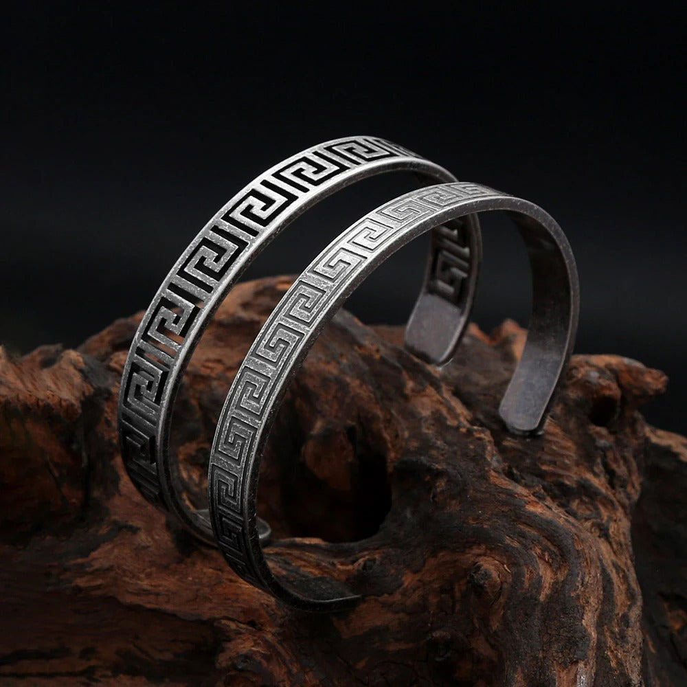 Vintage Engraved Texture Stainless Steel Open C Bracelet for Men, Cut-Out Pattern Adjustable Cuff Bangle Jewelry