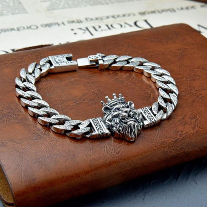 Men's Vintage Crown Lion Head Engraved Curb Bracelet