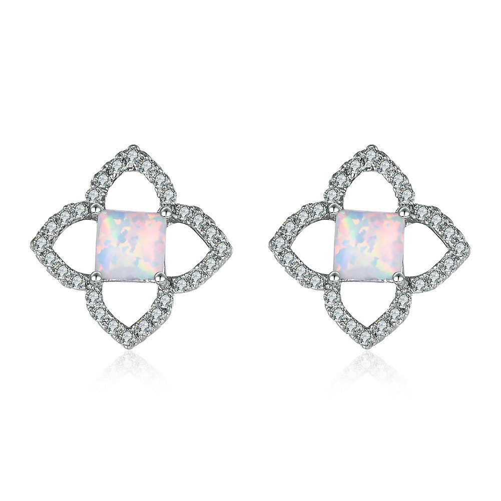 Women's Hollow Clover Square Opal Stud Earrings With Zirconia Halo, with White Gold Plating