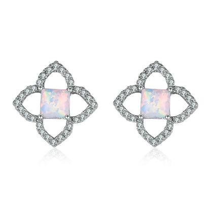 Women's Hollow Clover Square Opal Stud Earrings With Zirconia Halo, with White Gold Plating