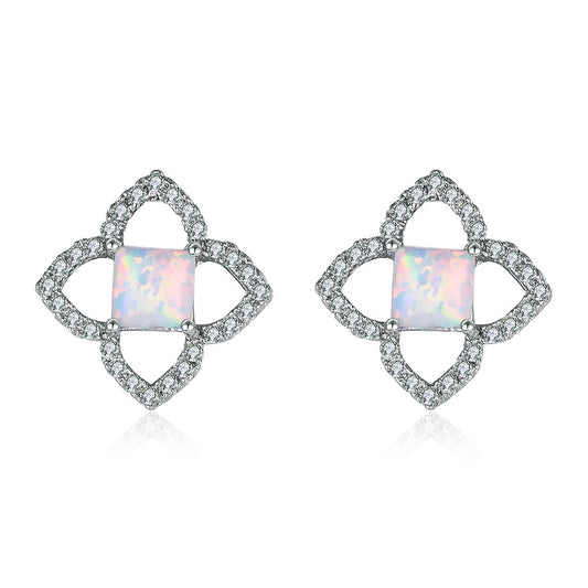 Women's Hollow Clover Square Opal Stud Earrings With Zirconia Halo, with White Gold Plating