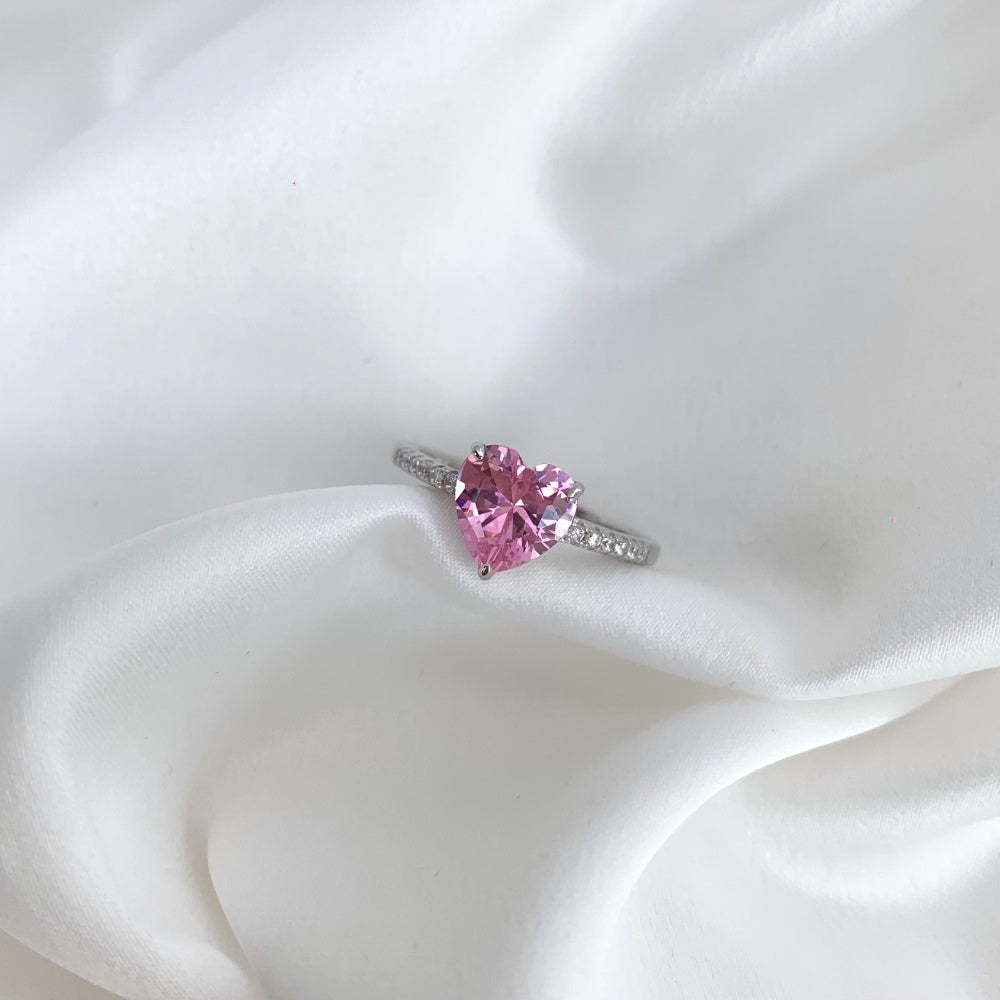 Women's Pink Heart Shape Zirconia Center Stone Four Prong Paved Ring, S925 with White Gold Plating